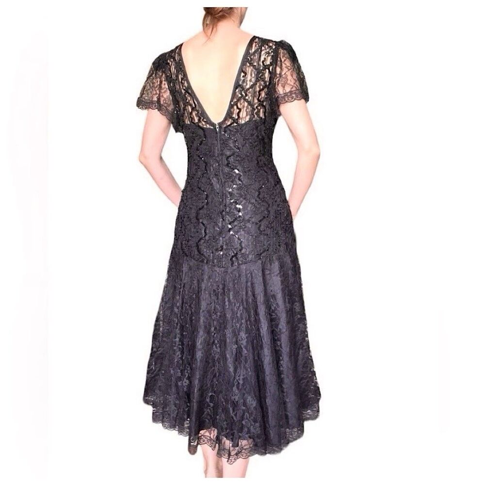 Vtg HW Collections Sequined Lace‎ Overlay Midi Dress Sz S/XS Black Scoop Back - Picture 2 of 16